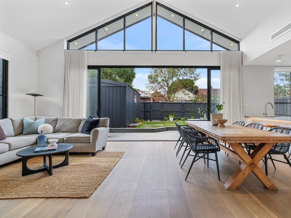Thornbury open-plan living in a rear extension, under a raked ceiling
