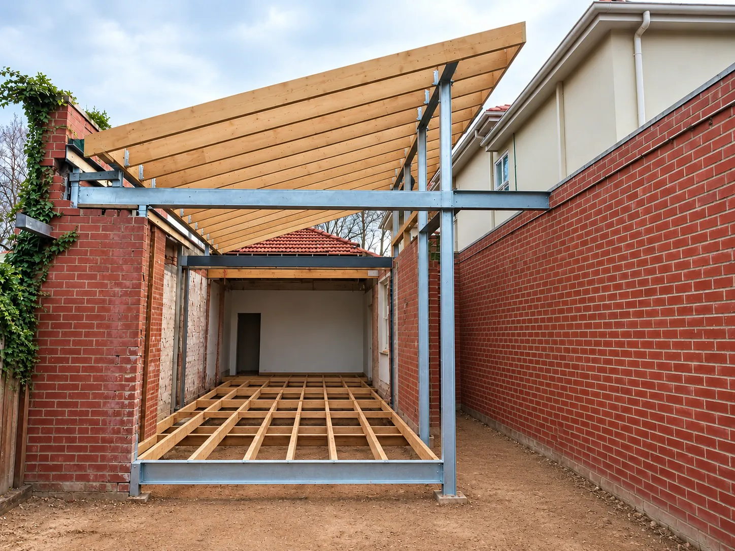 Progressive frame works prior to rear outdoor living area and internal upgrade - keeping the existing boundary walls, with underpinning and structural works — Elwood extension and upgrade - also heritage work in Elwood, Melbourne