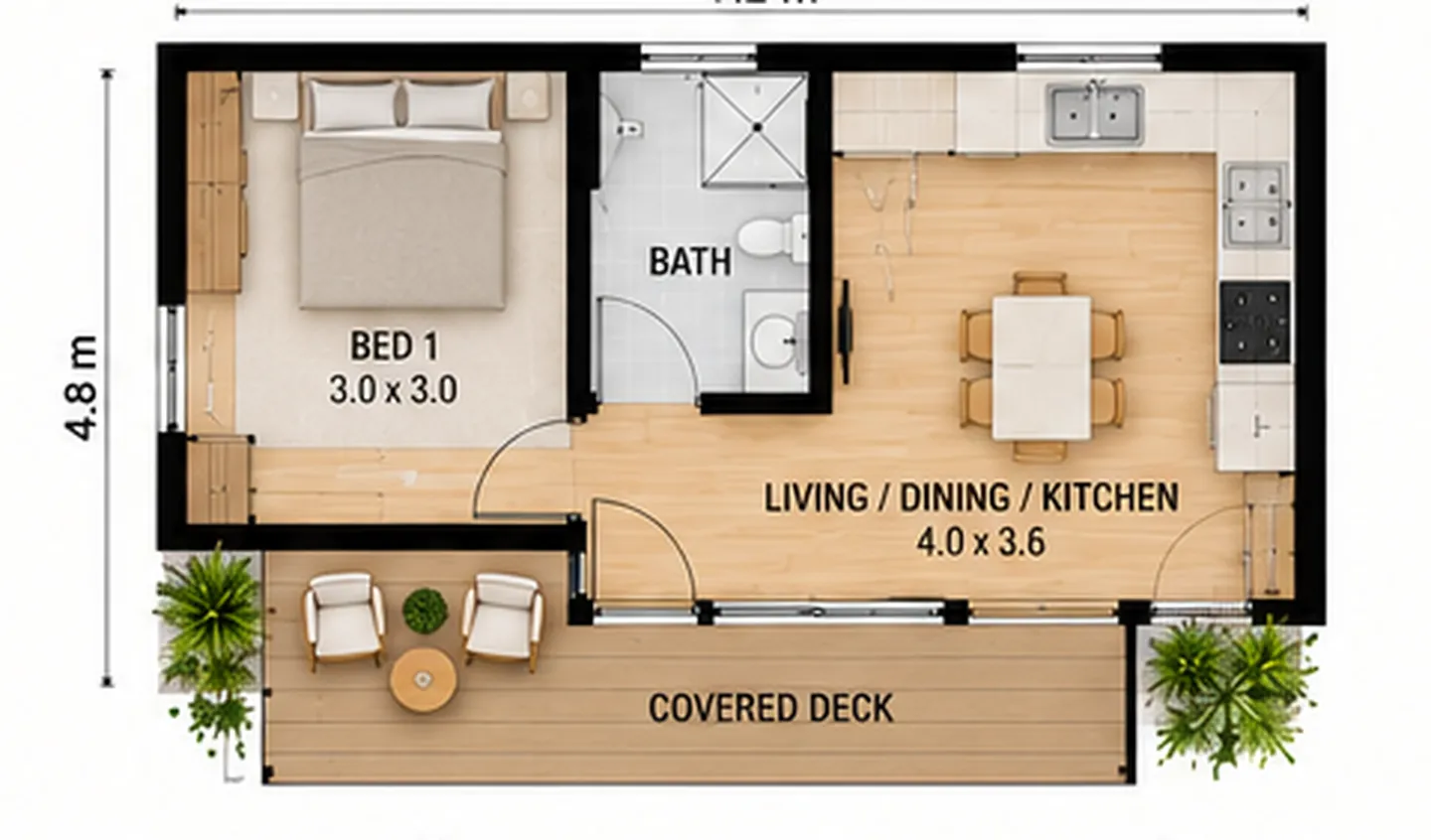 Floor plan of the Contemporary granny flat, 7.2 by 4.8 metres