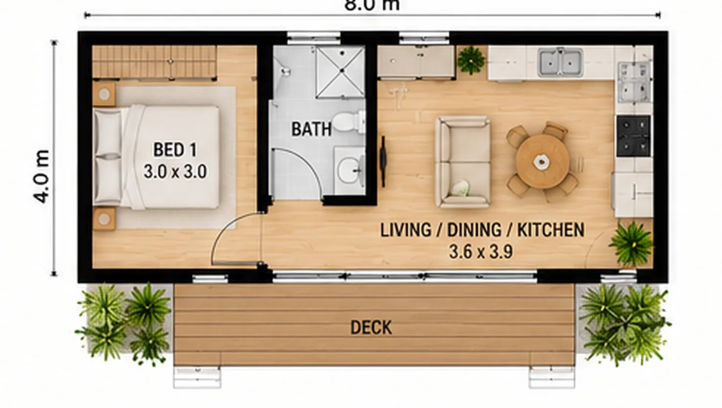 Floor plan of the Modern Timber granny flat, 8.0 by 4.0 metres