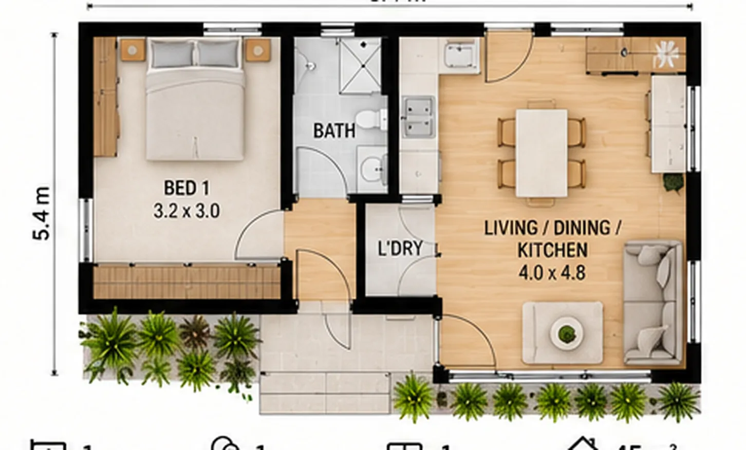 Floor plan of the Traditional granny flat, 8.4 by 5.4 metres